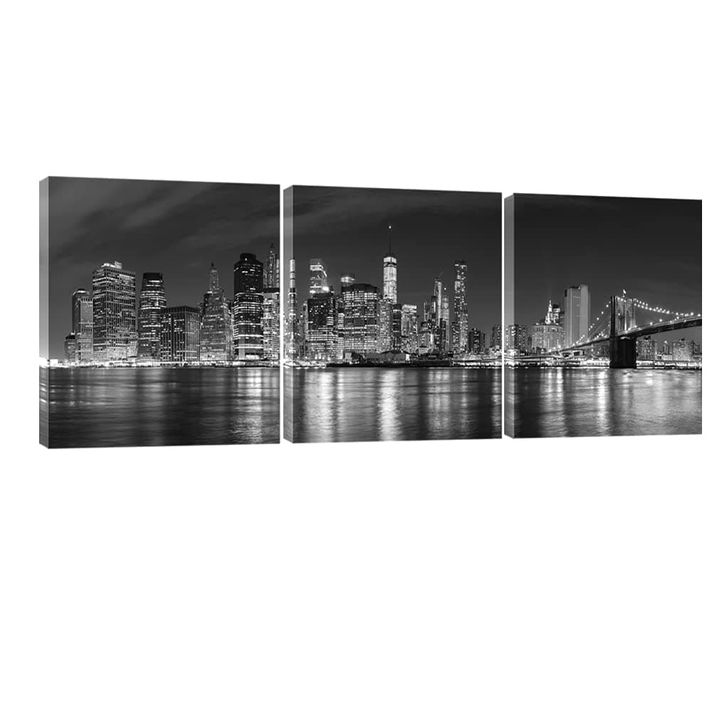 Pyradecor Modern City Night View 3 Panel Canvas Prints Artwork on Canvas Wall Art Ready to Hang for Living Room Decor AH3028-5050