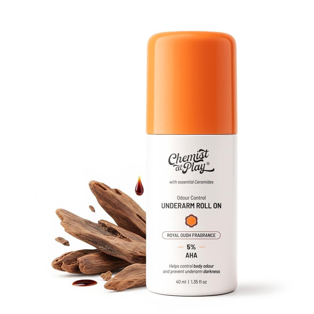 Chemist At Play UnderArm Roll On with 5% AHA, Lactic Acid & 1% Mandelic Acid|Prevents Body Odour, Fades Pigmentation & Kills Bacteria|0% Aluminium & 0% Alcohol|Royal Oudh Fragrance |40ml