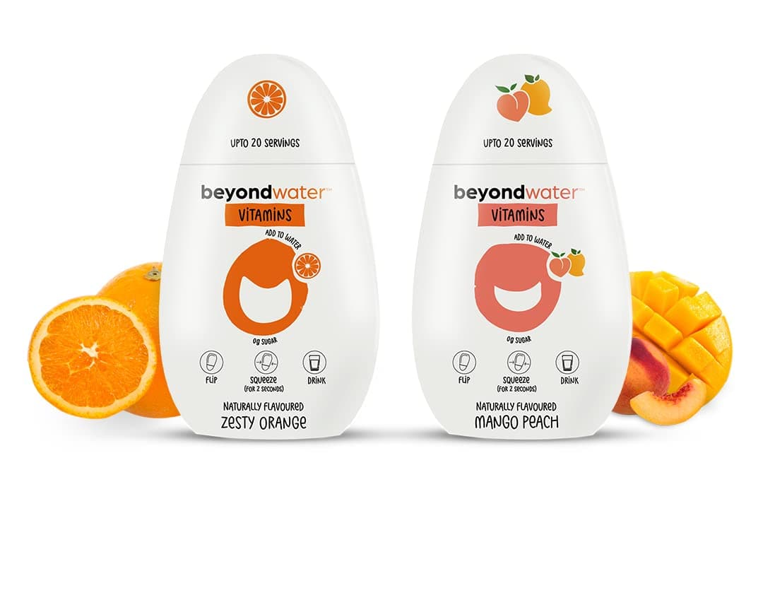 Beyond Water Fruit Blast - DIY Vitamin Flavour concentrate- 2 X 20 Servings - (Mango Peach + Zesty Orange) | Water Enhancer Instant Flavour Drink Mix, Hydration drink, 10+ Vitamins & Minerals, Healthy Fruit Flavour, 100% Natural Ingredients, Low in sugar, Flavoured Water