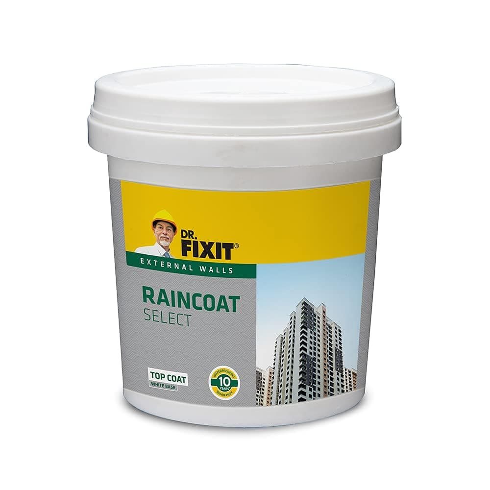 Raincoat Select White, External wall waterproofing, Coating, 1000+ unique shades, No dilution, 4 Litre, Single Coat Application, Elastomeric, 10 years waterproofing, Top coat, Brush