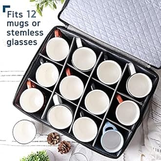 Coffee Mug Storage, Quilted and Stackable Coffee Cup Storage Organizer for Service of 12, Mug Storage Box with Dividers, Mug China Storage Containers Hard Shell for Moving and Seasonal Storage