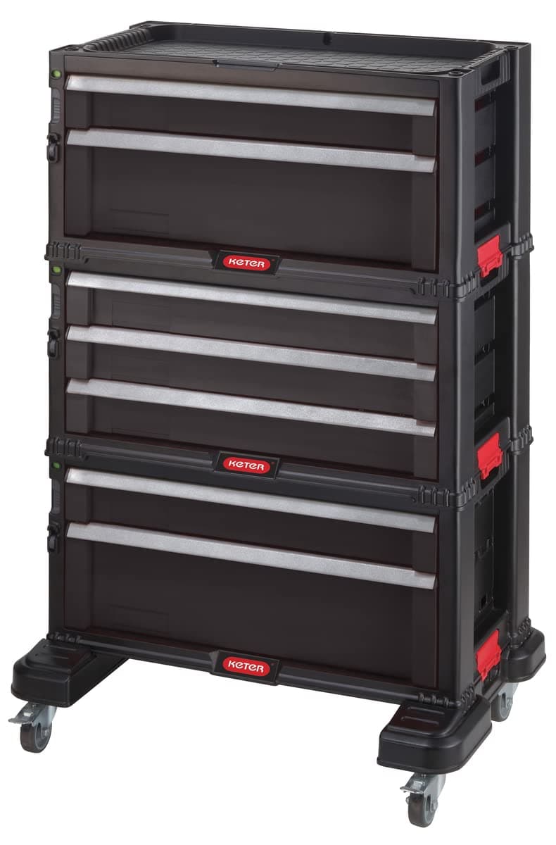 Keter 7 Drawer Trolley Module - Workshop Trolley for Small and Large Tools - Removable Swivel Wheels with Brakes, 3 Removable Boxes - Locking - 60 x 37.8 x 74.2 cm - Black