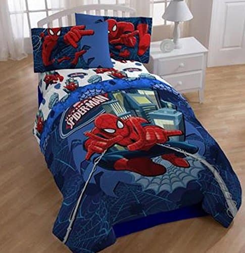 Spiderman 11 pc Ensemble: Twin/Full Size Reversible Comforter, Full Sheet Set, Blanket, Hamper and Set of 2 Curtain Panels with Tie Backs