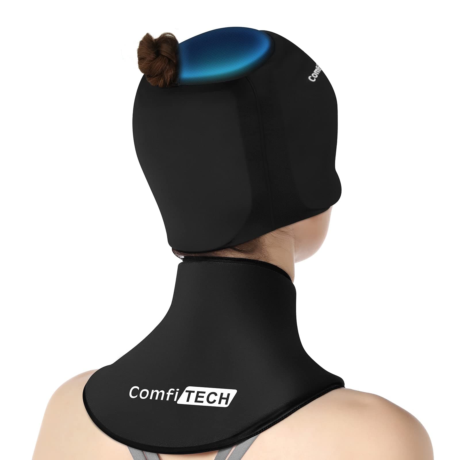 ComfiTECH Cold Cap with Top Coverage & Neck Ice Pack Wrap, Head & Cervical Cold Gel Sleeve Care Package, Black