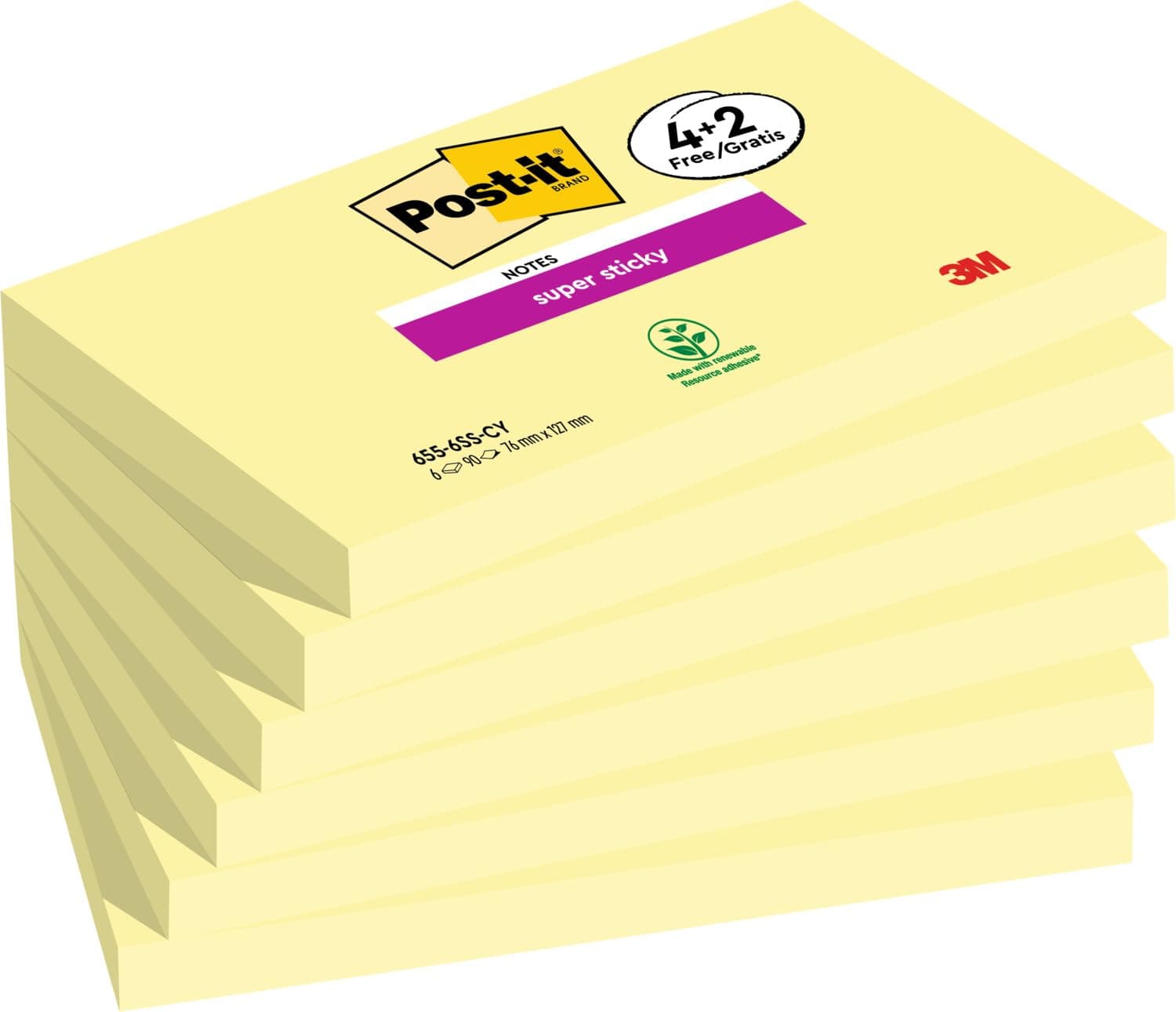Post-it Super Sticky Notes, Double The Sticking Power, 4 + 2 Free Pads, 540 Sheets, 76 mm x 127 mm, Canary Yellow - Self-Sticking Notes for Walls, Monitors and Fridge