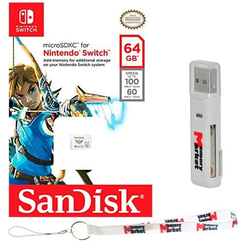 SanDisk 64GB MicroSD XC Memory Card UHS-I 100 MB/s for Nintendo Switch - SDSQXAT-064G with Dual Slot MemoryMarket MicroSD & SD Memory Card Reader and MemoryMarket Lanyard