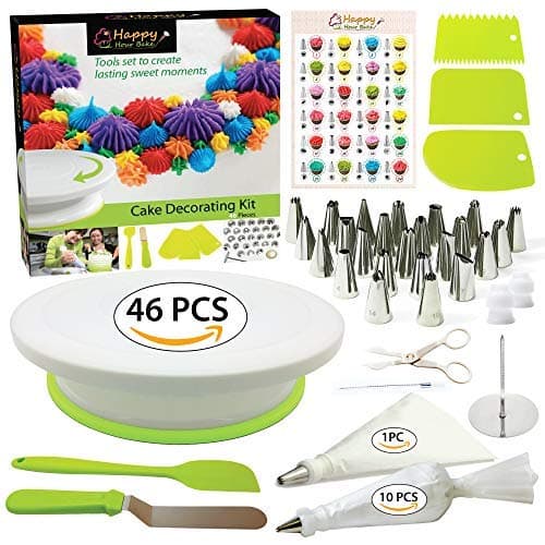 Happy Hour Bake 46pcs Beginner Cake Decorating Kit Baking Supplies with Rotating Cake Stand - Baking Kits for Adults or Kids- Cupcake Decorating Kit with Icing Bags and Tips- Cake Decorating Supplies