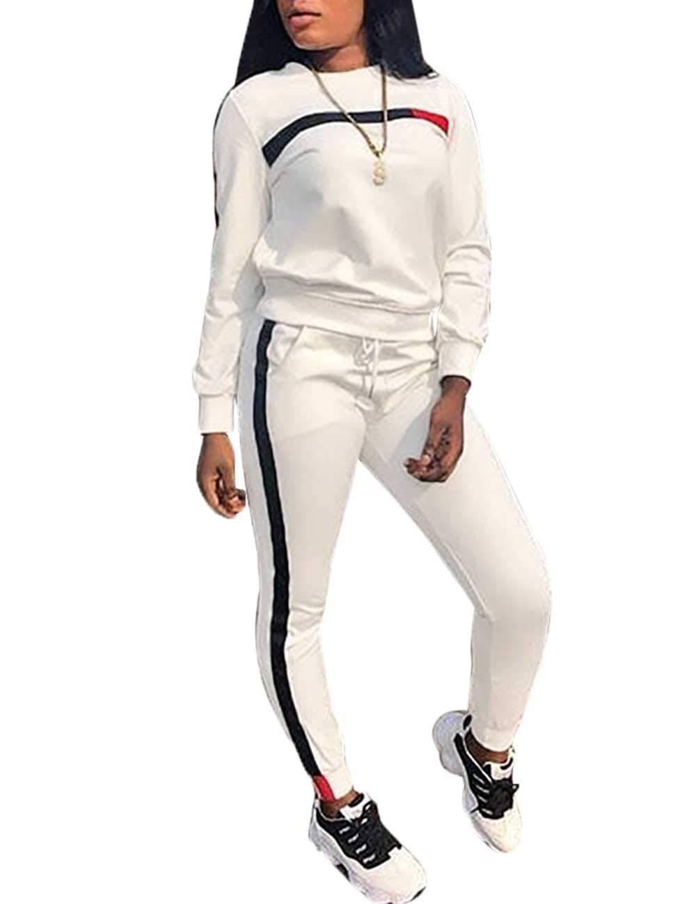 KANSOONWomen Stripe Patchwork Two Piece Sweatsuit Round Neck Pullover and Skinny Long Pants Sets