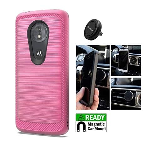 Compatible Case for Moto g7 Optimo Maxx, Phone Case for Moto G Power 7th Gen/Moto G7 Power XT1955 /Moto G7 Supra, Brushed Design Cover Case + Air Vent Magnetic Car Mount Phone Holder (Hot Pink)