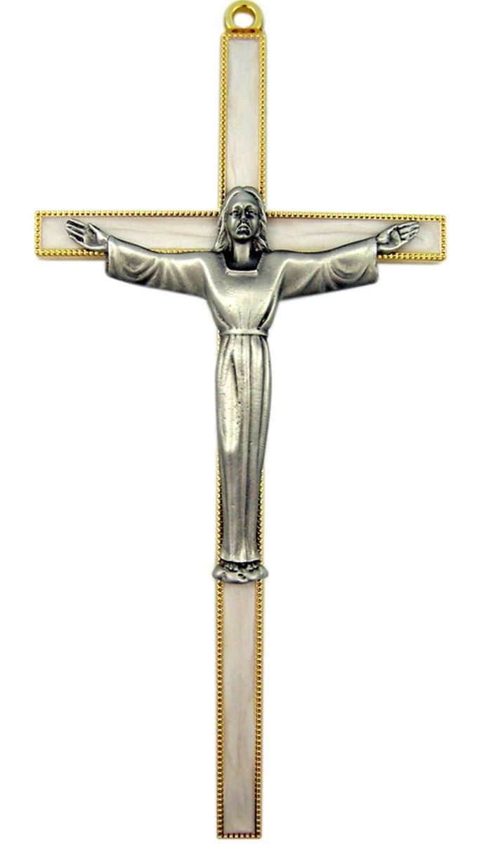 - Gold Plated Pewter Cross Keepsake with Risen Christ Corpus, 7 Inches