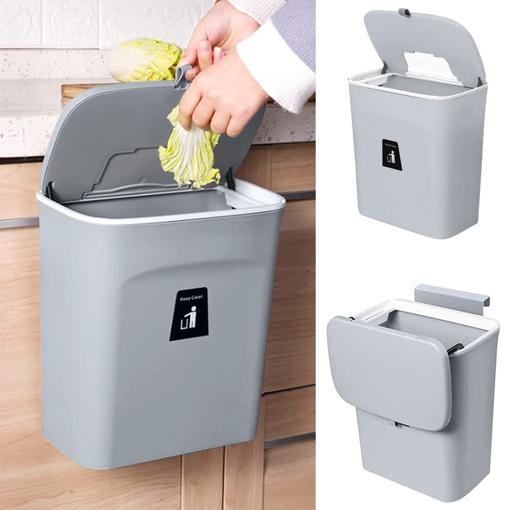 WeeGoo Hanging Trash Can with Lid, Wall Mounted Plastic Kitchen Waste Bin with Cover, Hanging Trash Bin for Cabinet Door, Kitchen, Bathroom, Bedroom, Living Room, Office (Grey)