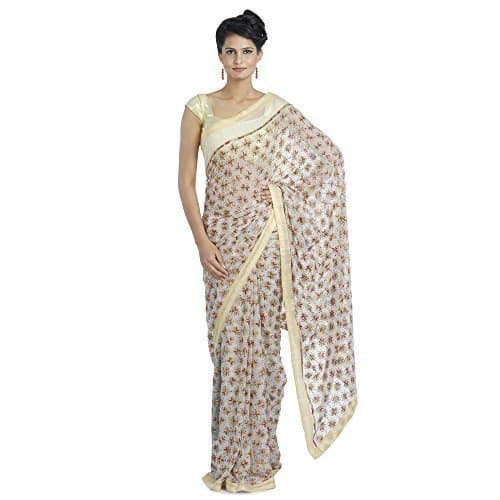 Ethnic Bliss Lifestyles Chiffon Phulkari Off White with Multicolor Thread Work Saree