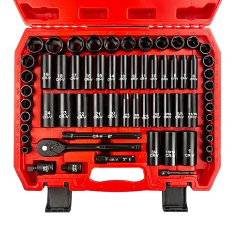 64pcs 3/8" Socket Set,Drive Impact Socket Set, SAE/Metric, Deep & Shallow, Cr-V Steel, 6 Point with Adapters, 72T Ratchet Handle, Extension Bars，Bit Adapter，6-19mm，5/16-1 inch