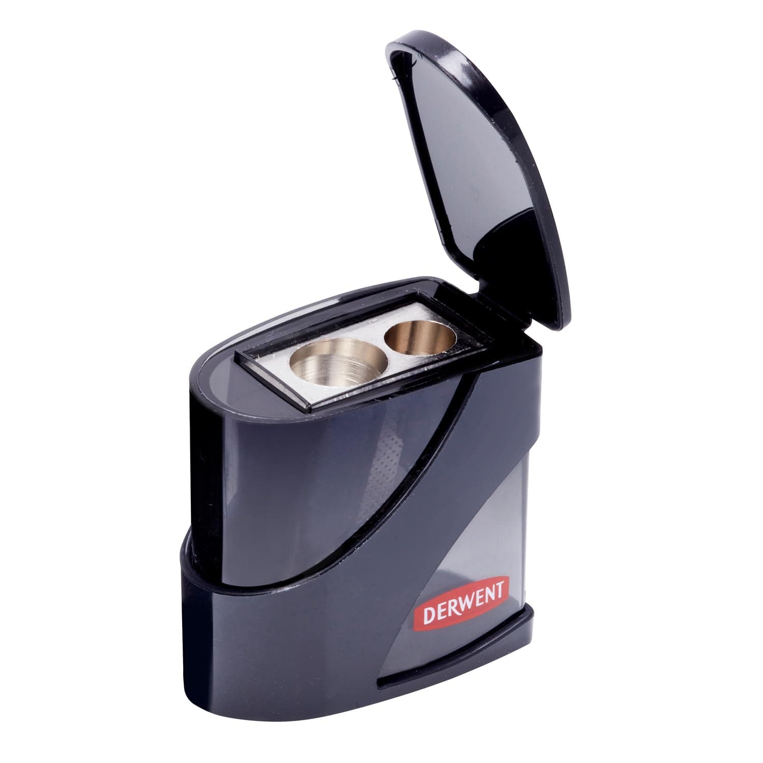 Derwent Twin Hole Pencil Sharpener with Container, Double Hole Sharpener for Artist Sketching Pencils & Colouring Pencils, Two Hole Sizes 11.5 & 8.25mm, Strong Metal Pencil Sharpeners, Black, 2306123