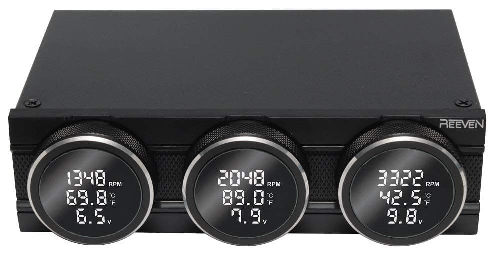 Reeven Polariz PC Fan Controller, 5.25" Drive Bay, Temperature Alarm, Knob Control with LED Display, 3 Channels