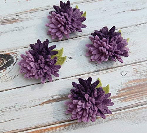 Wool Felt Flowers 4 Mini Daisies Purples Trios - Set of 4 with Leaves