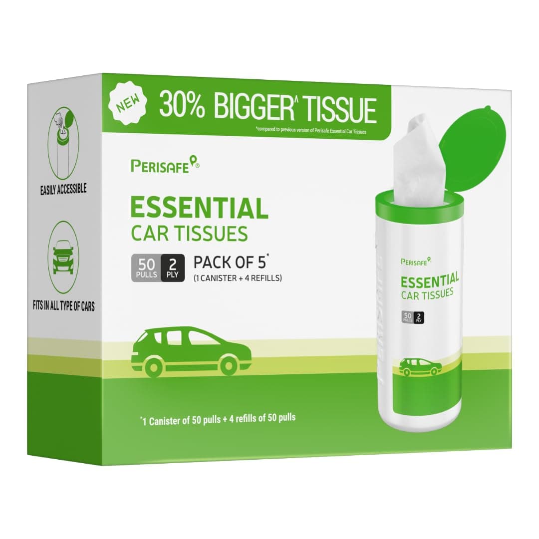 Perisafe Essential Car Tissues Pack of 5 (50 pulls 2 ply–250 pulls) | Fits in All Type of Car Cup Holder| Easily Accessible |Soft, Eco Friendly & Chemical Free |1 Canister of 50 pulls + 4 Refill