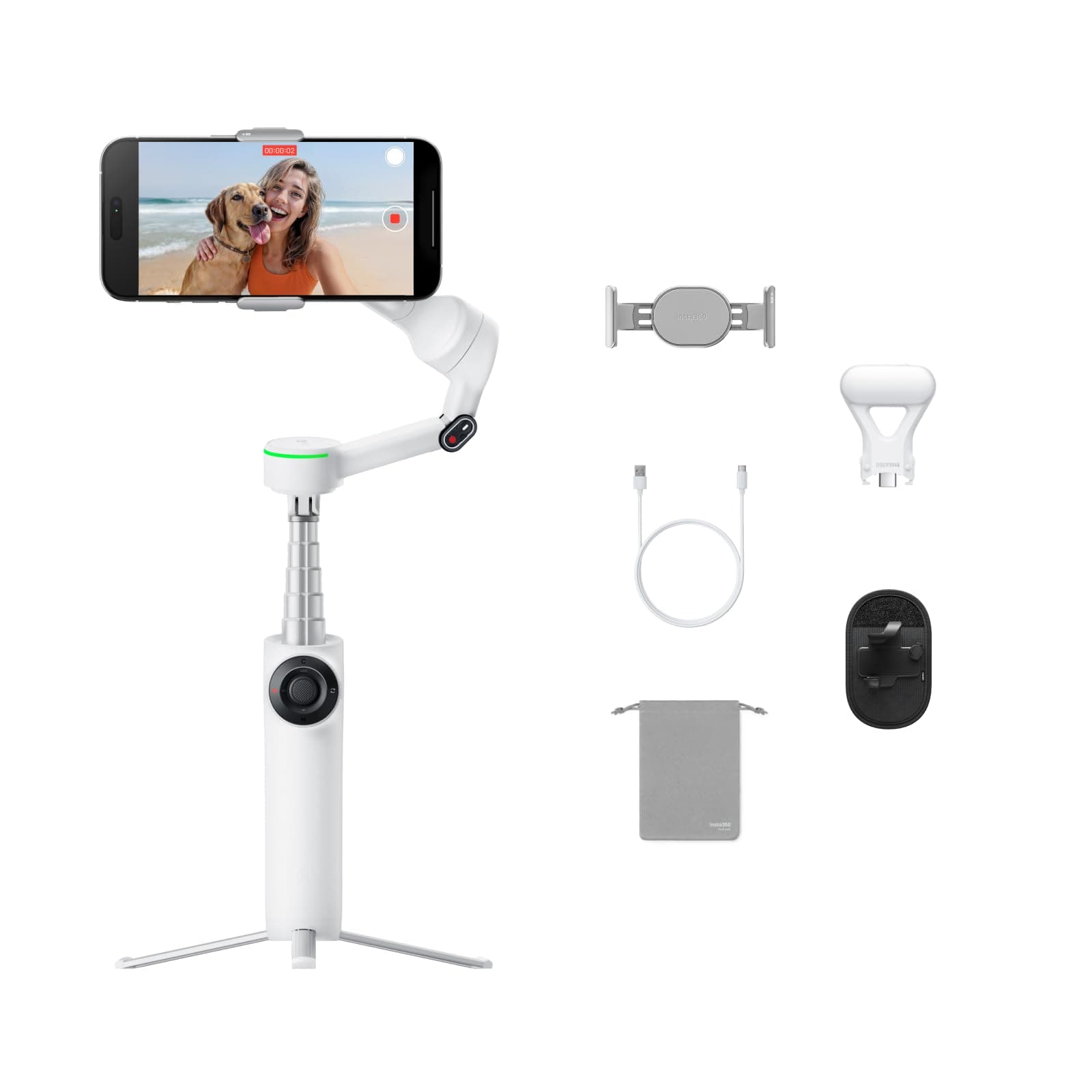 Insta360 Flow 2 Pro Vlog Bundle White - Foldable AI Phone Gimbal, Track in 200+ Apps with Apple DockKit, 360º Pan Tracking, Built-in Tripod/Selfie Stick, Remote Control, Spotlight/Backpack Mount