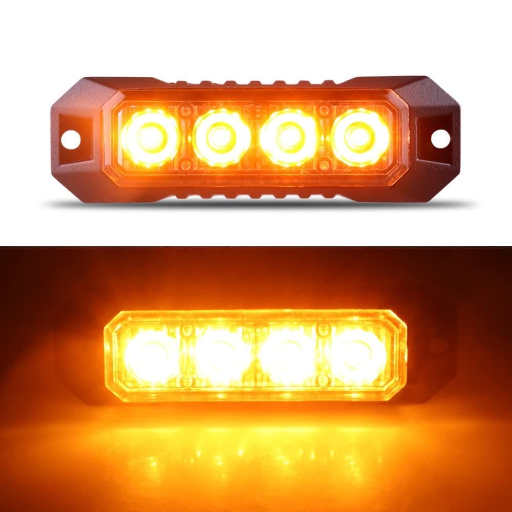 4-LED Sync Feature Ultra Slim Surface Mount Flashing Strobe Lights for Truck Car Vehicle LED Mini Grille Light Head Emergency Beacon Hazard Warning Lights (Amber)