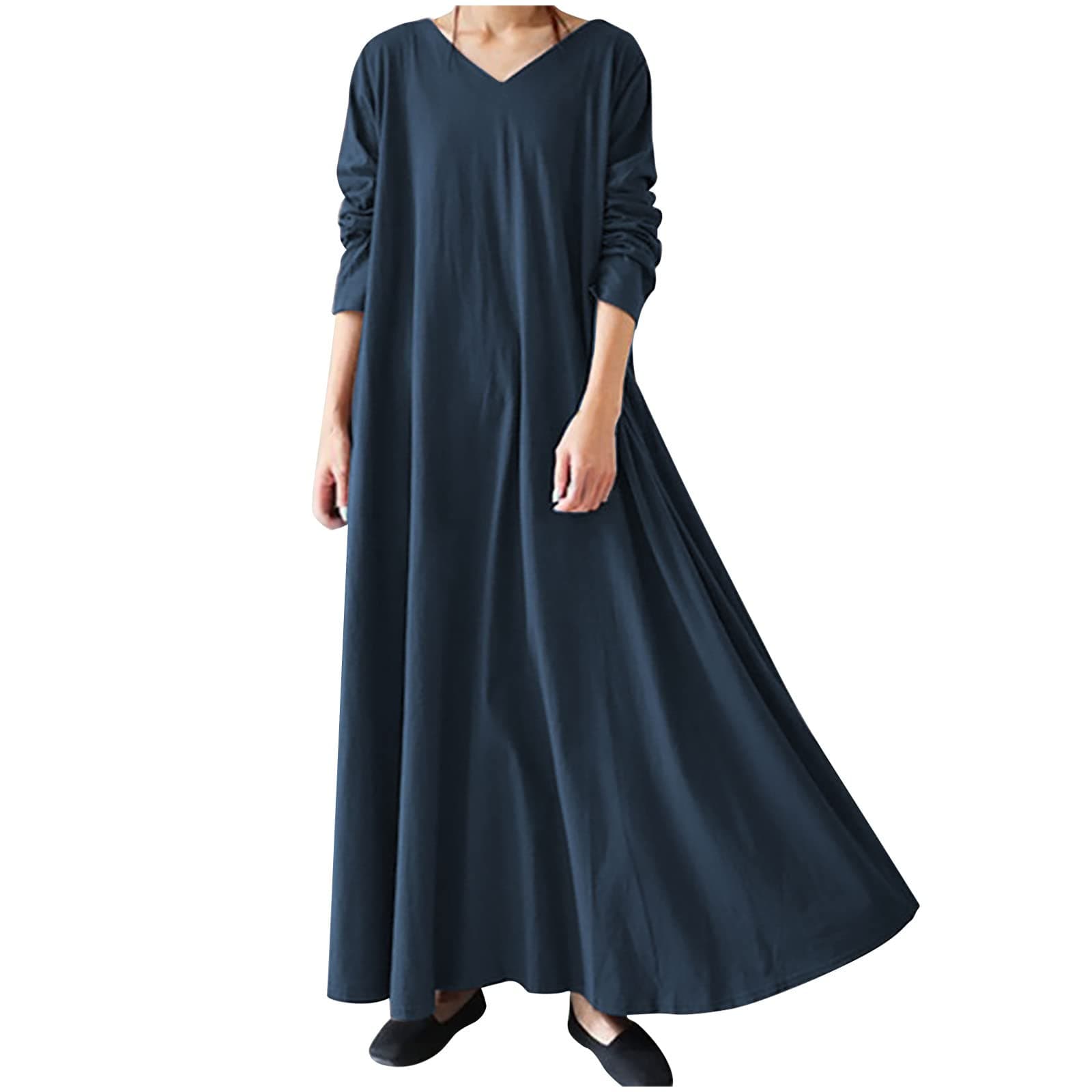 GenericWomen's Long Dresses Fall Plus Size V-Neck Pleated A Line High Low Dress Long Sleeve Lightweight Flowy Maxi Dresses