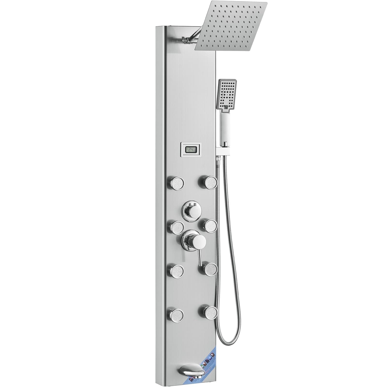 Shower Panel Tower System, 5 Shower Modes, Digital Display Shower Panel, Rainfall, 8 Massage Jets, Tub Spout, 3-Setting Handheld Shower Head 59" Hose, Stainless Steel Wall-Mounted Shower Set