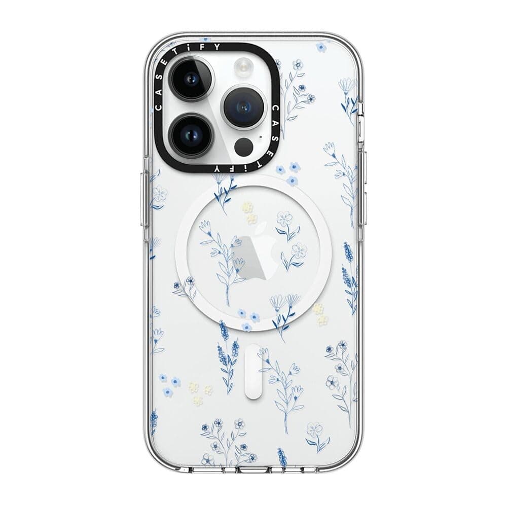 CASETIFY Clear iPhone 14 Pro Case [Not Yellowing / 6.6 ft. 3X Military Grade Drop Protection/Compatible with Magsafe] - Small Blue Flowers - Clear