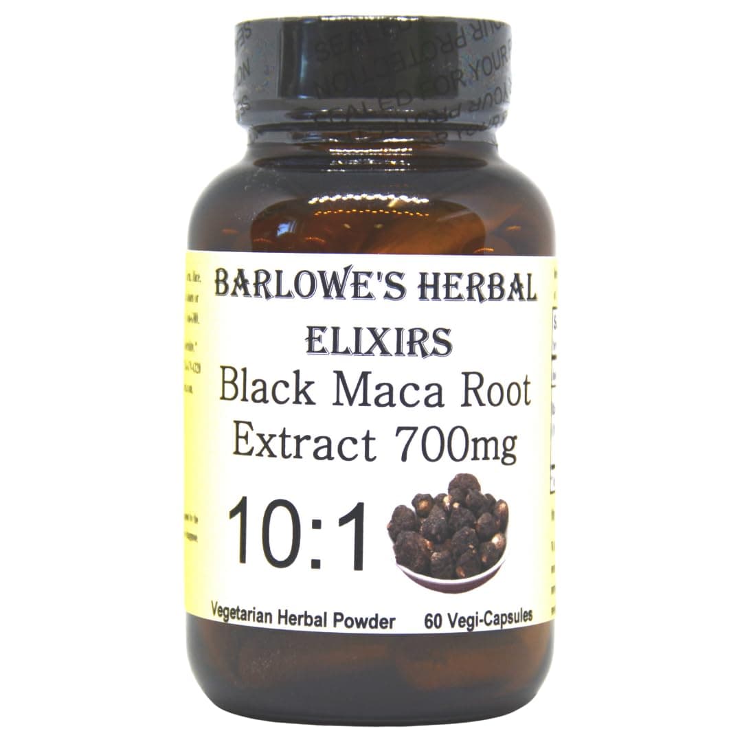 Barlowe's Herbal Elixirs Black Maca | Peruvian Maca Root Extract | 700 mg per Capsule | 60 Veggie Capsules (Vegan, Kosher, Halal) | | Glass Bottle | Third Party Tested