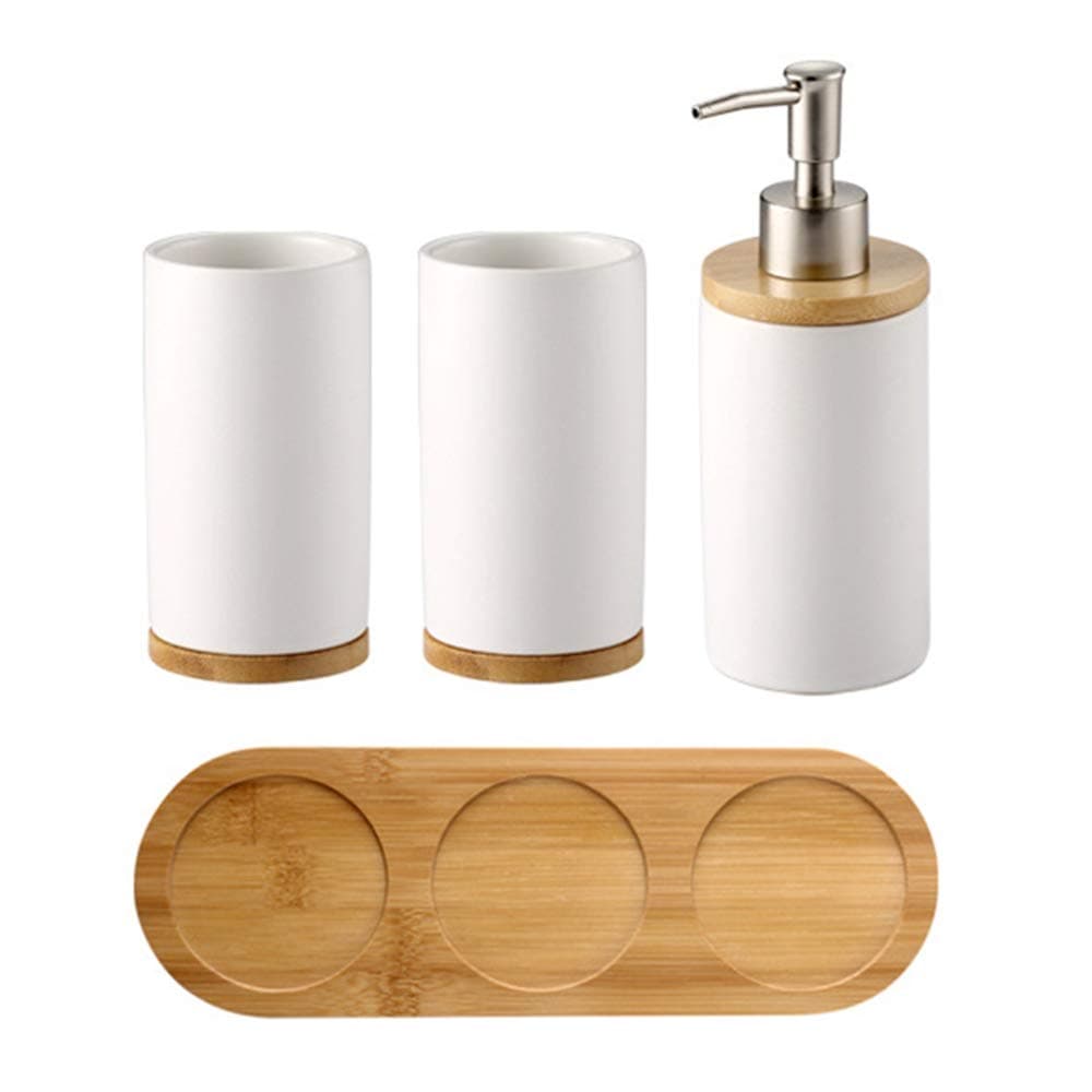 4-Piece Ceramic Bathroom Set Includes Soap Dispenser Pump, Toothbrush Holder, Tumblers, Wooden Tray