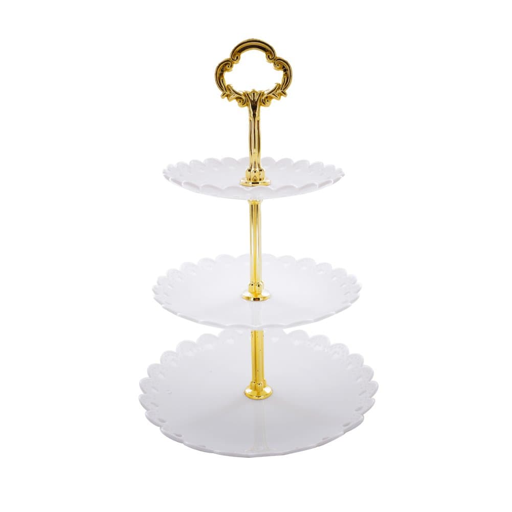 3-Tier Plastic Cake Stand-Dessert Stand-Cupcake Stand-Tea Party Serving Platter White Gold