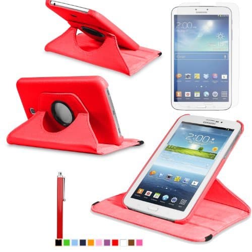 360 Degree Rotating Cover Case for Samsung Galaxy Tab 3 7.0 SM-T210 / SM-T217 with Screen Protector and Stylus Galaxy tab 3 7 case from Sheath [ Does not Fit Galaxy Tab 3 Lite SM-T110 ] (Red)