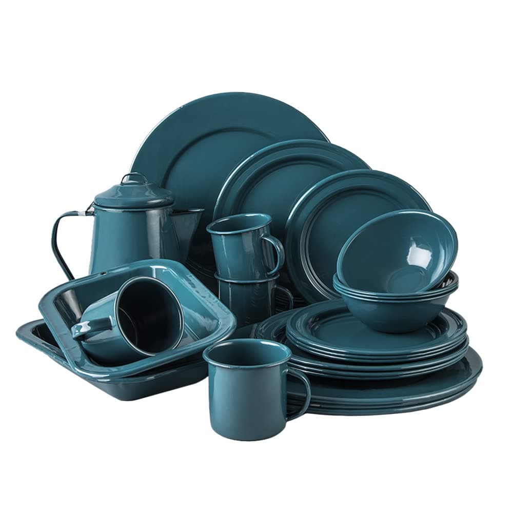 Cinsa23-Piece Enameled Dinnerware Camping/Outdoor Set for 4 – Includes Plates, Bowls, Mugs & Coffee Boiler – Durable, Easy to Clean, Fire-Resistant – Green