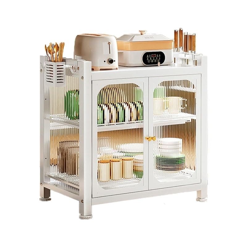 kesig Carbon Steel Kitchen Storage Rack Drain Dishware Storage Rack Countertop Storage Cupboard with Door Multifunctional Bowl Chopstick Storage Box Kitchen Countertop Plate Organizer (White)