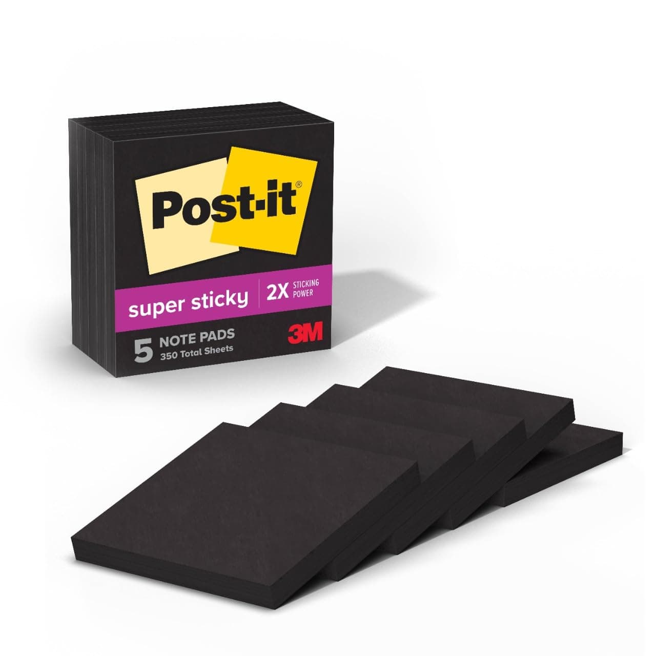 Post-it Super Sticky Notes, 3 x 3 Inches, 5 Pad, 2x Adhesion, Black (654-5SSSC)