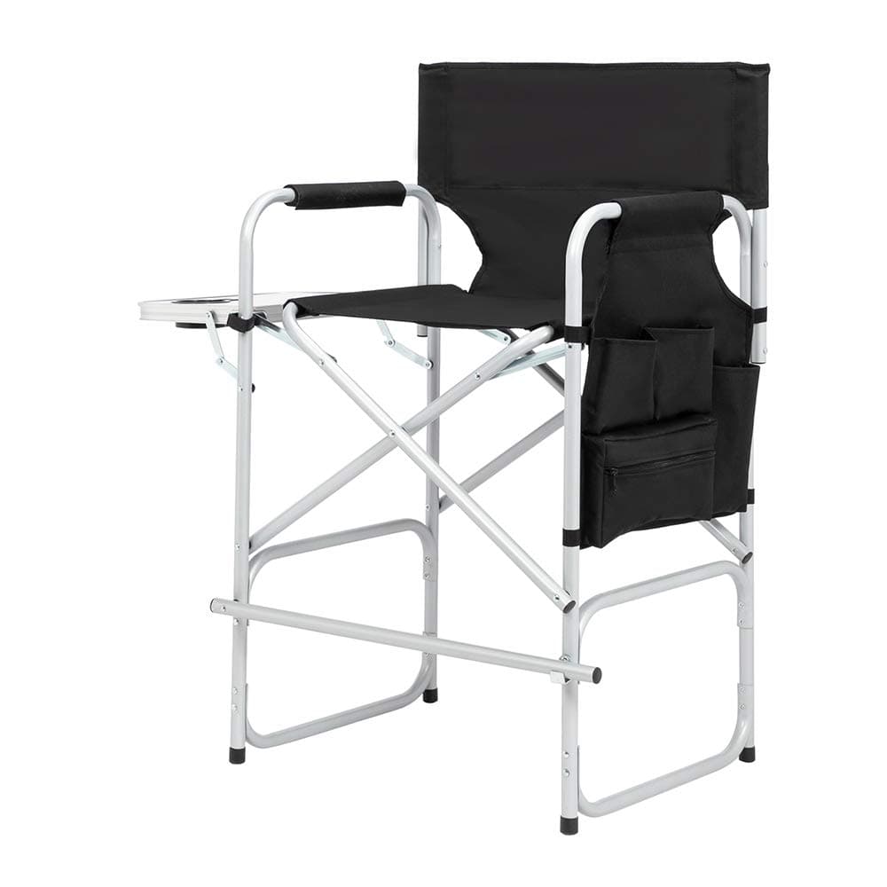 Folding Camping Tall Directors Chair with Side Table, Foldable Portable Makeup Artist Chair, Black