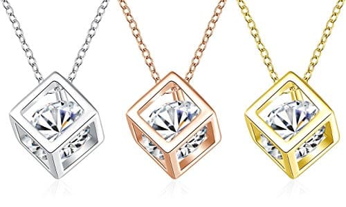 LuxeLife 3 Pack Cube 3D Square Necklace Pendants and Chains in Silver, Gold and Rose Gold Womens Fashion