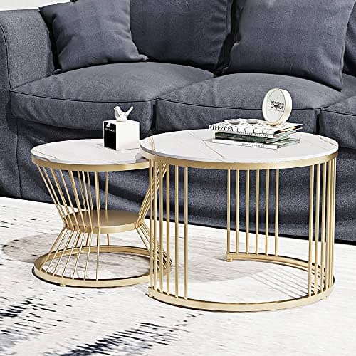 Dream Arts Coffee Table Set of 2 Nesting Tables Modern Sofa Side Table with Golden Metal Frame and White Finish Top for Living Room Bedroom Lounge or Appartments