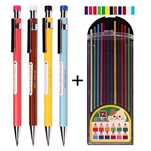2.0 mm Lead Holder Pen Mechanical Pencil for Draft Drawing,Carpenter,Crafting, Art Sketching Sharpener (Pack of 4 Pencils) + (2.0mm Hb Color Lead 1 Tube 12 Leads)