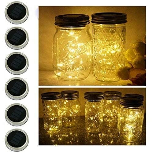 MinoMia 6 Pack Mason Jar Lights, 20 LED Solar Warm White Fairy String Lights Lids Insert for Garden Deck Patio Party Wedding Christmas Decorative Lighting Fit for Regular Mouth Jars