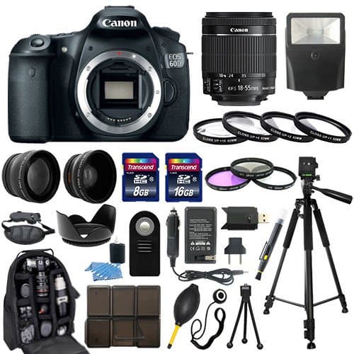 Canon EOS 60D SLR Camera with EF-S 18-55mm f/3.5-5.6 IS II SLR Lens - Mark II + 58mm 2X Professional Telephoto Lens + 58mm High Definition 0.45x Wide Angle Lens + Transcend 16GB Class 10 Memory Card +Transcend 8GB Class 10 Memory Card with Much More in this 30 Piece Accessory Bundle!