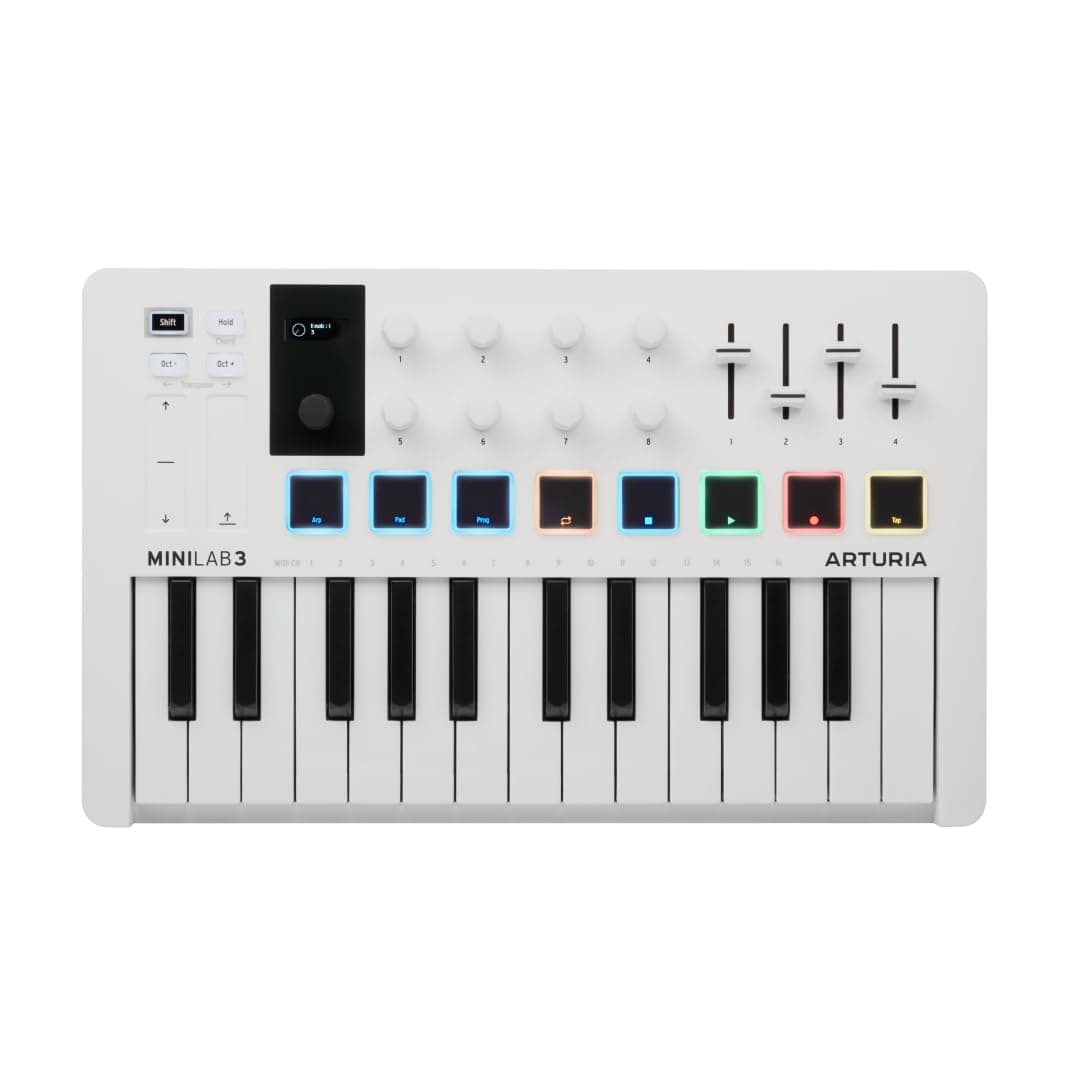 Arturia MiniLab 3 - Universal MIDI Controller for Music Production, with All-in-One Software Package - 25 Keys, 8 Multi-Color Pads - White