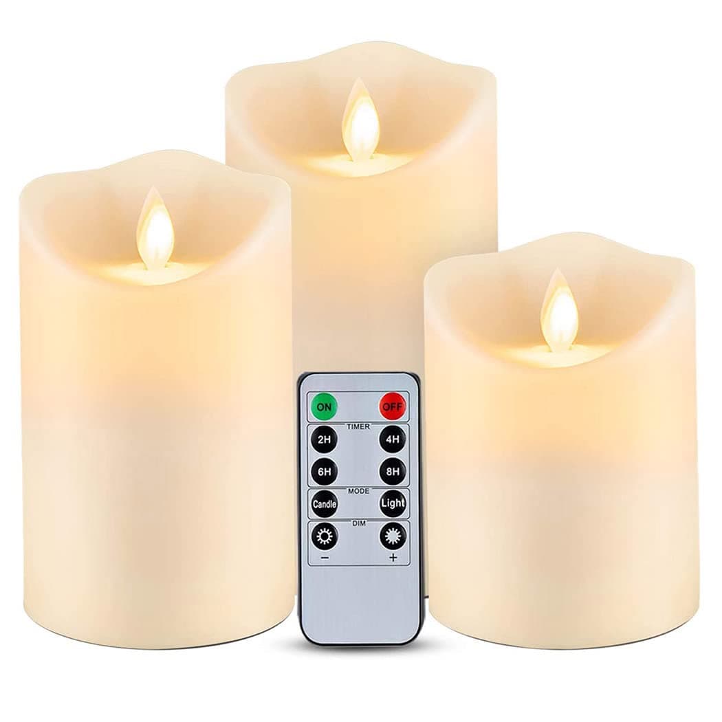 Qniceone Flameless Candles with Remote Control and Timer [ Pack of 3] Pillar Realistic and Bright Wax Electric LED Candle Sets for Holiday Birthday Electric Fake Candle- Ivory with Remote Control