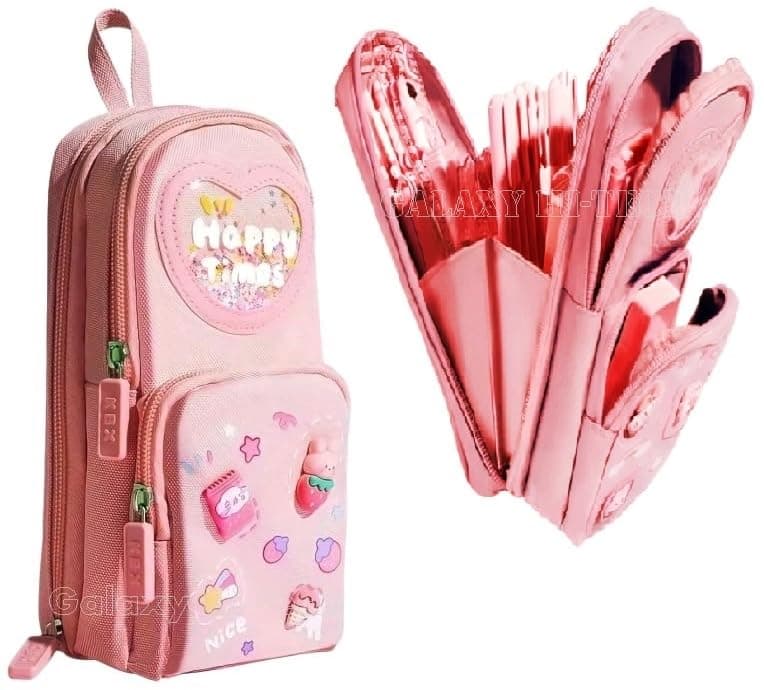 Galaxy Hi-Tech Canvas Pencil Case 3 Compartment Cute Aesthetic Pencil Case For Girls Large Capacity Pencil Pouch Multifunctional Pouch For School Kids Students Cute Stationary (Multi-Colour, pink)