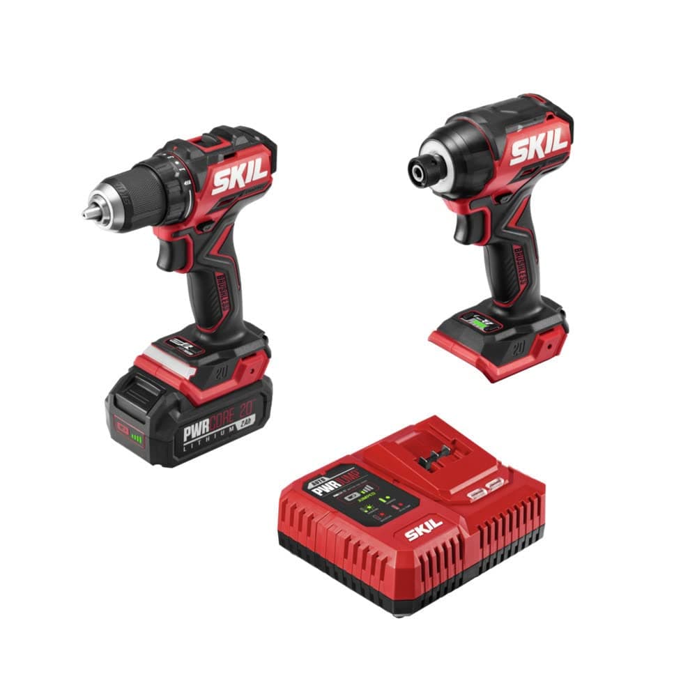 SKIL PWR CORE 20 Brushless 20V Compact Drill Driver and Impact Driver Kit, Includes 2.0Ah Battery and PWR Jump Charger - CB8437B-10
