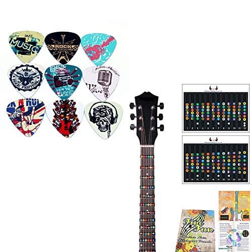Guitar Picks (9 medium picks) and Guitar Fretboard Note Decals Fingerboard Frets Map Sticker for Beginner Learner Practice Fit THE FULL GUITAR NECK all the way up to 24 frets