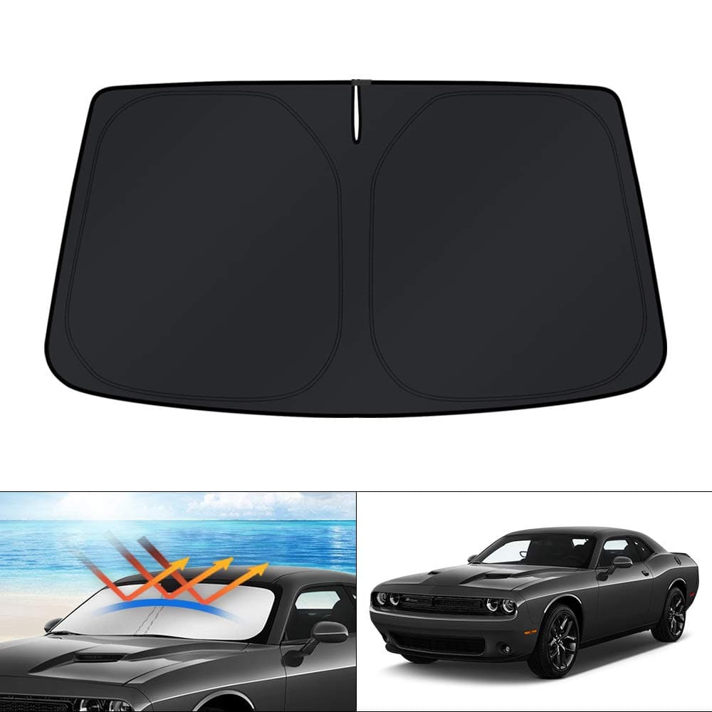 KUST Windshield Sun Shade for 2015-2023 Dodge Challenger Accessories Coupe,SRT Hellcat,Redeye,GT,RT,TA Coupe,Widebody,SXT,RT Scat Pack Custom Fit Sunshade Foldable Sun Visor Protector Blocks UV Rays