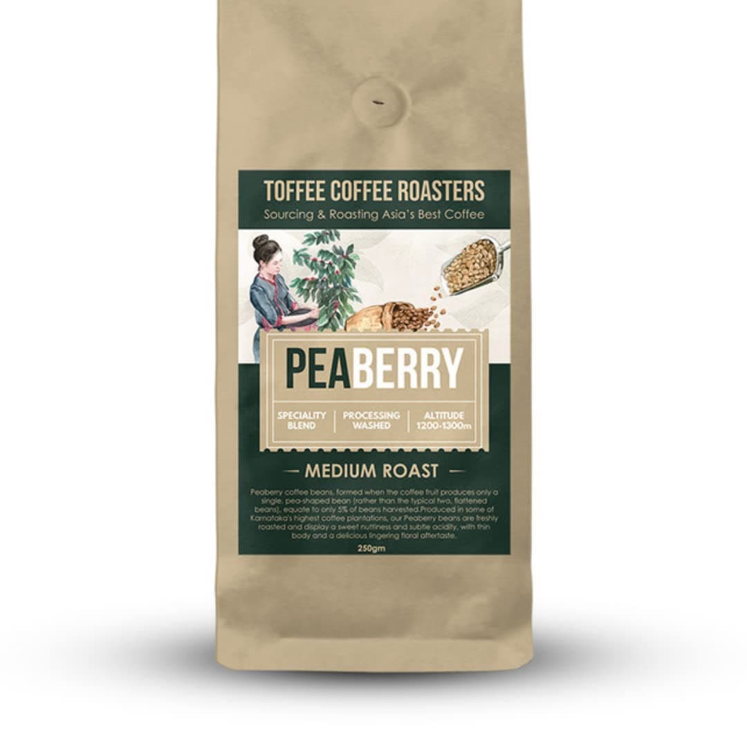 Toffee Coffee Roasters | Peaberry Coffee | Single Origin | 100% Arabica | Medium Roast | Coffee Notes: Sweet with Delicious Aftertaste | Grind: Moka Pot| Freshly Roasted | 250 gms