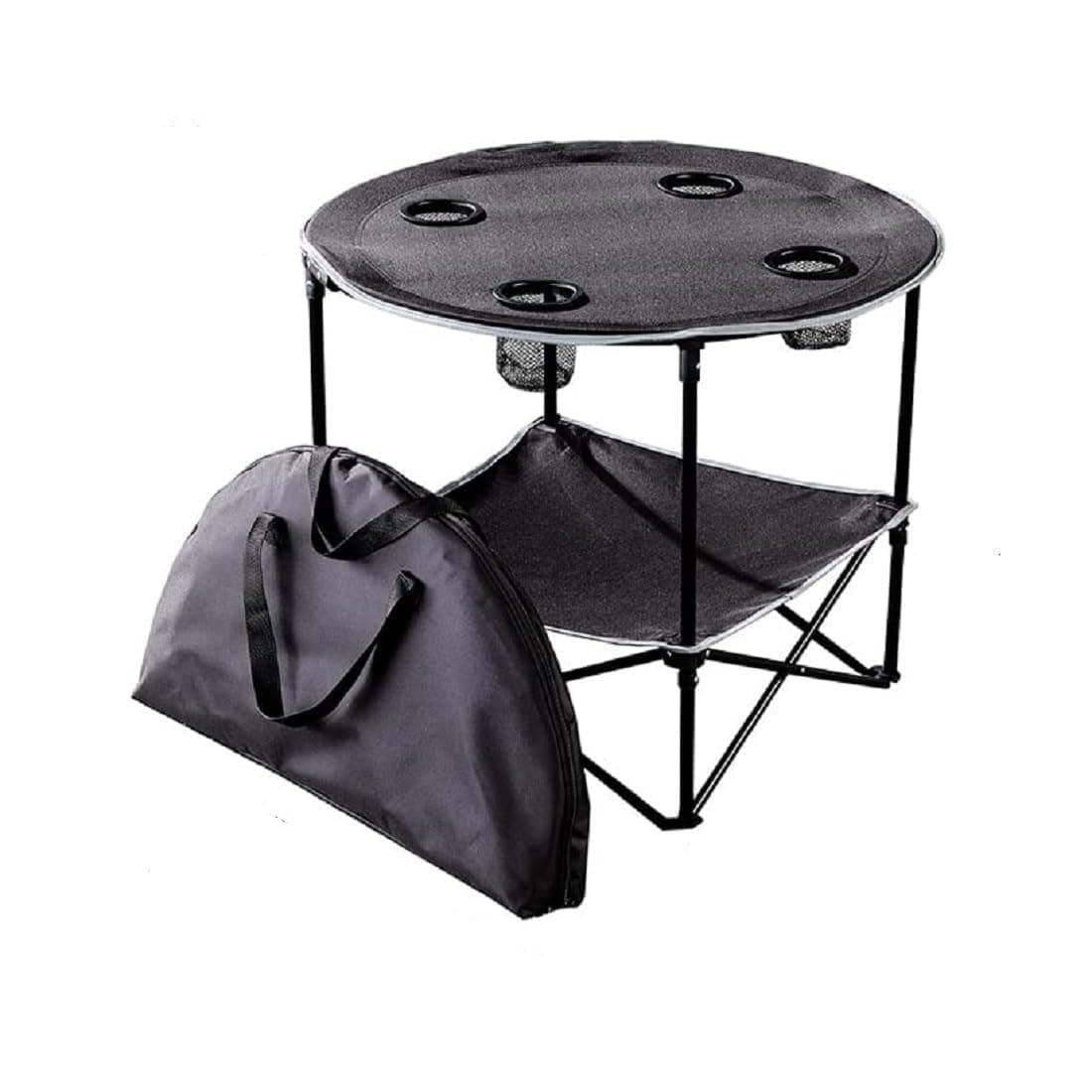 Earwig Portable Camping Table Folding 2 Tier Pop up Tables with 4 Cup Holders & Carry Bag Beach Table for Sand Oxford Picnic Table Round Camping Side Table with Cup Holder for Outdoor (EW-01)