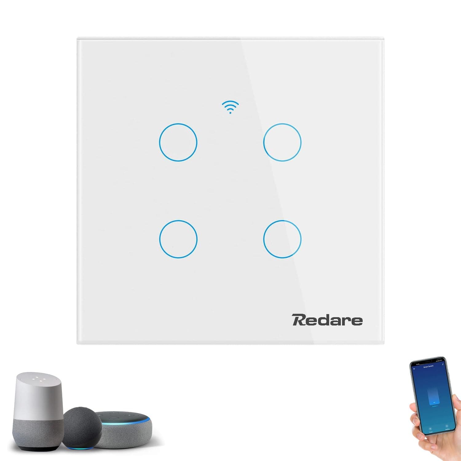 WiFi Smart Wall Light Switch, Wireless Switches,Glass Panel,No Neutral Wire Required,No Hub Required,Compatible with Alexa and Google Home,APP Remote Control Touch Switch,Voice Control (4 gang)