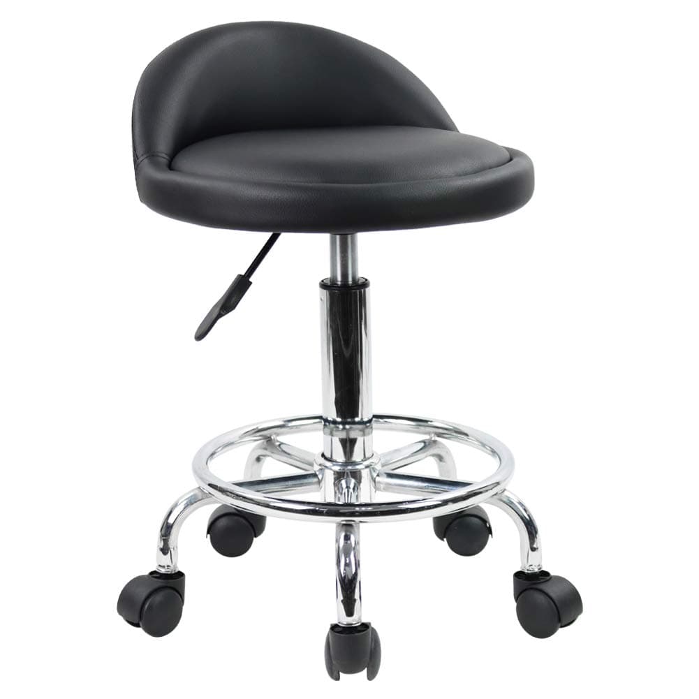 PU Leather Round Rolling Stool with Foot Rest Height Adjustable Swivel Drafting Work SPA Task Chair with Wheels (Black)