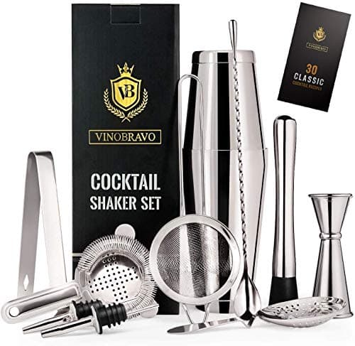 11-Piece Bartender Kit Boston Cocktail Shaker Bar Set by VinoBravo : 2 Weighted Shaker Tins, Strainer Set, Double Jigger, Bar Spoon, Ice Muddler & Tong, 2 Liquor Pourers & Recipe Guide (Silver)